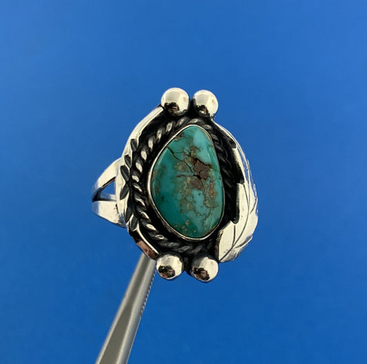 Native American Sterling Silver 925 Cabochon Blue Turquoise Floral Ring Size 7
