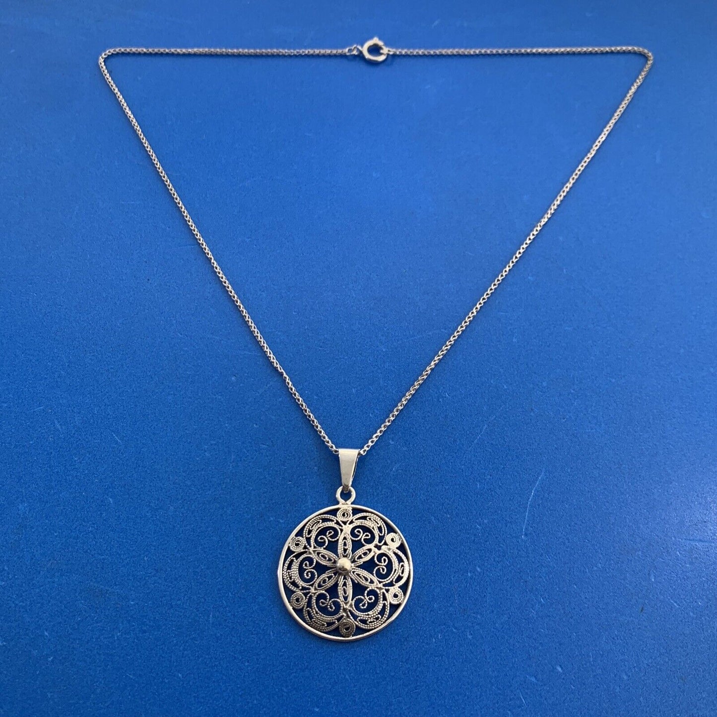 Vintage 835 Fine Silver Bead Scroll Floral Filigree Medallion Necklace