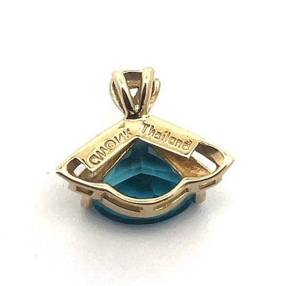 Designer 14K Yellow Gold Trillion Cut London Blue Topaz Statement Drop Pendant