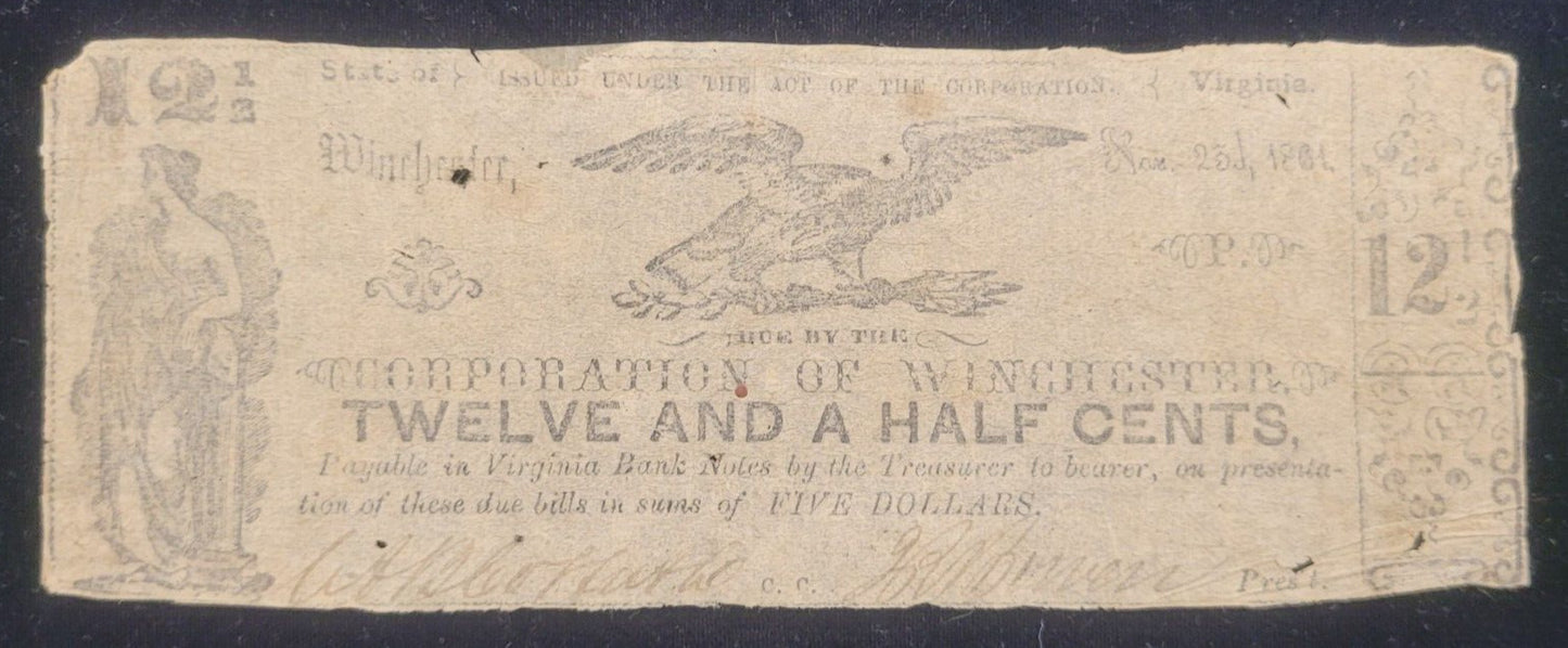 1861 12.5c Corporation of Winchester, Virginia Obsolete Currency Bank Note