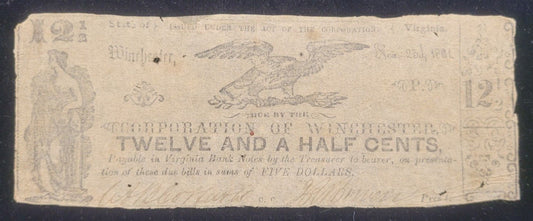 1861 12.5c Corporation of Winchester, Virginia Obsolete Currency Bank Note