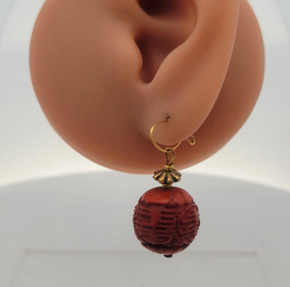Vintage Gold Tone Carved Red Resin Faux Cinnabar Necklace Earrings 3 Piece Set
