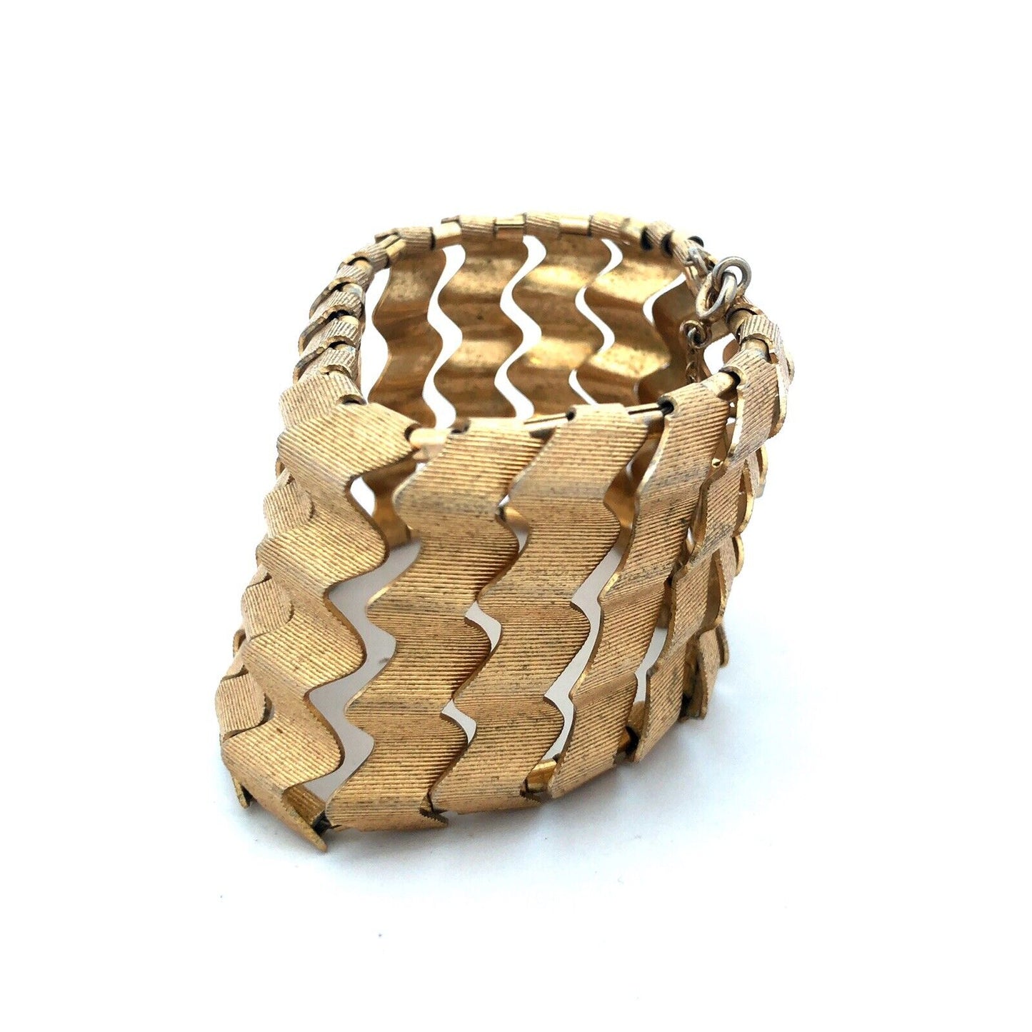Mid Century Modernist Gold Tone Wave Link Wide Cuff Statement Bracelet