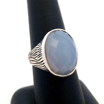 925 Sterling Silver Estate Faceted Oval Blue Moonstone Bark Textured Dome Ring