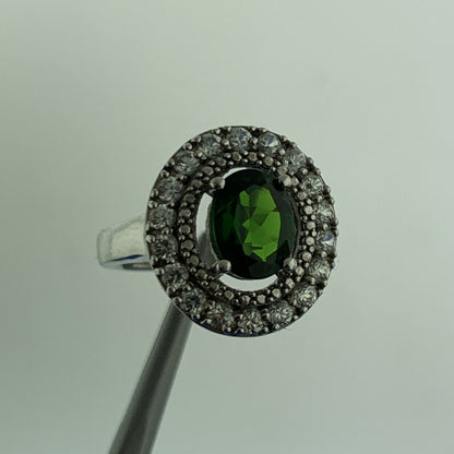Designer 925 Sterling Silver Green Oval Cubic Zirconia White Round CZ Halo Ring