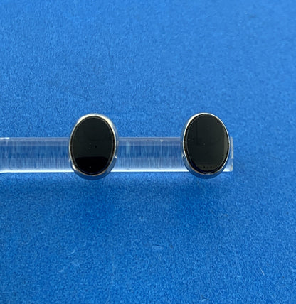 Gorgeous 14k White Gold Cabochon Black Onyx Oval Friction Back Stud Earrings
