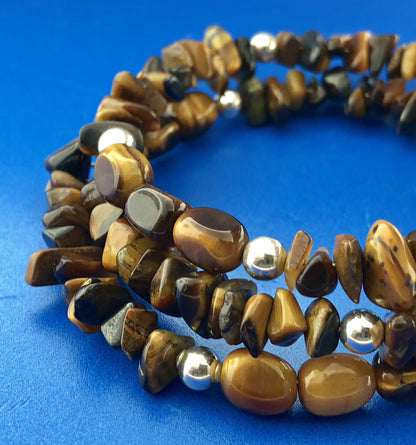 Sterling Silver Tigers Eye Bead Protection Three Wrap Flex Bracelet