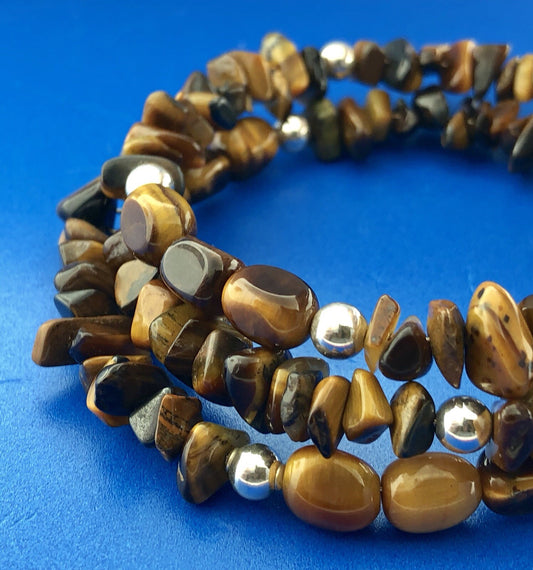 Sterling Silver Tigers Eye Bead Protection Three Wrap Flex Bracelet