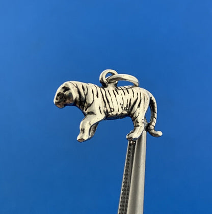 Estate 925 Sterling Silver Tiger Mascot Animal Bracelet Pendant Charm