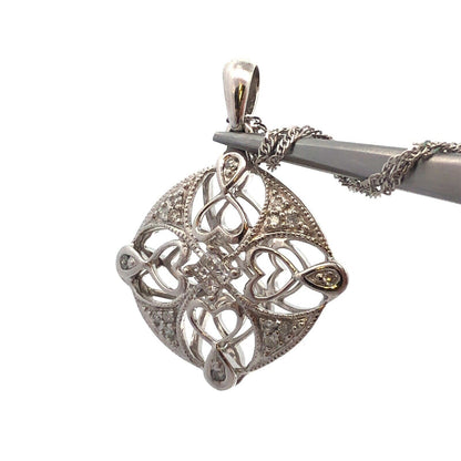 14K White Gold Diamond Filigree Cutout Bridal Pendant Anniversary Necklace