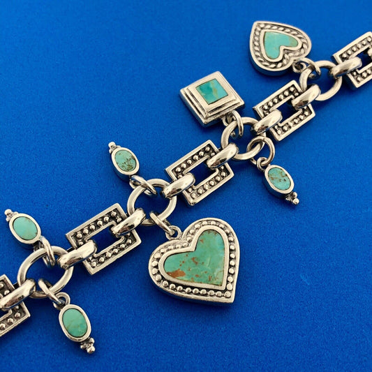 Lovely Sterling Silver 925 Multi-Shaped Turquoise Inlay Charm 7" Toggle Bracelet