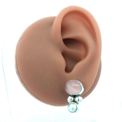 Vintage 925 Sterling Silver Oval Rose Quartz Pearl Drop Stud Earrings