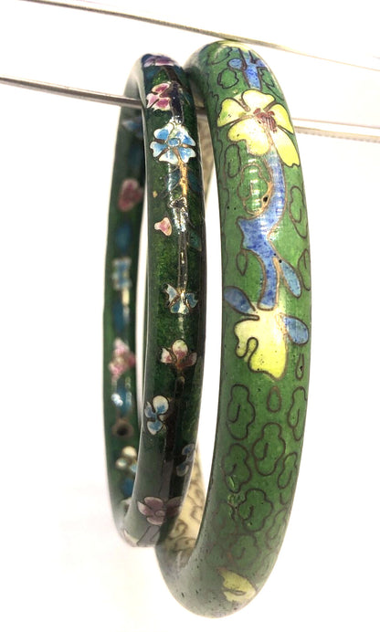 Vintage Cloisonne Green Enamel Floral Bangle Stackable Bracelet Set