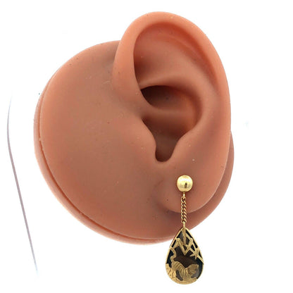 Estate 14K Yellow Gold Teardrop Smokey Quartz Etched Tiger Dangle Stud Earrings