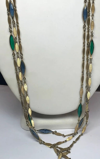 Vintage Gold Tone Blue Green Glass Bead Three Strand Graduated Drop Necklace