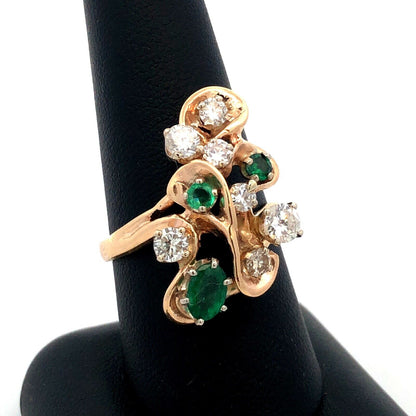 Estate 14K Yellow Gold Round Diamond Emerald Swirl Modernist Cluster Ring