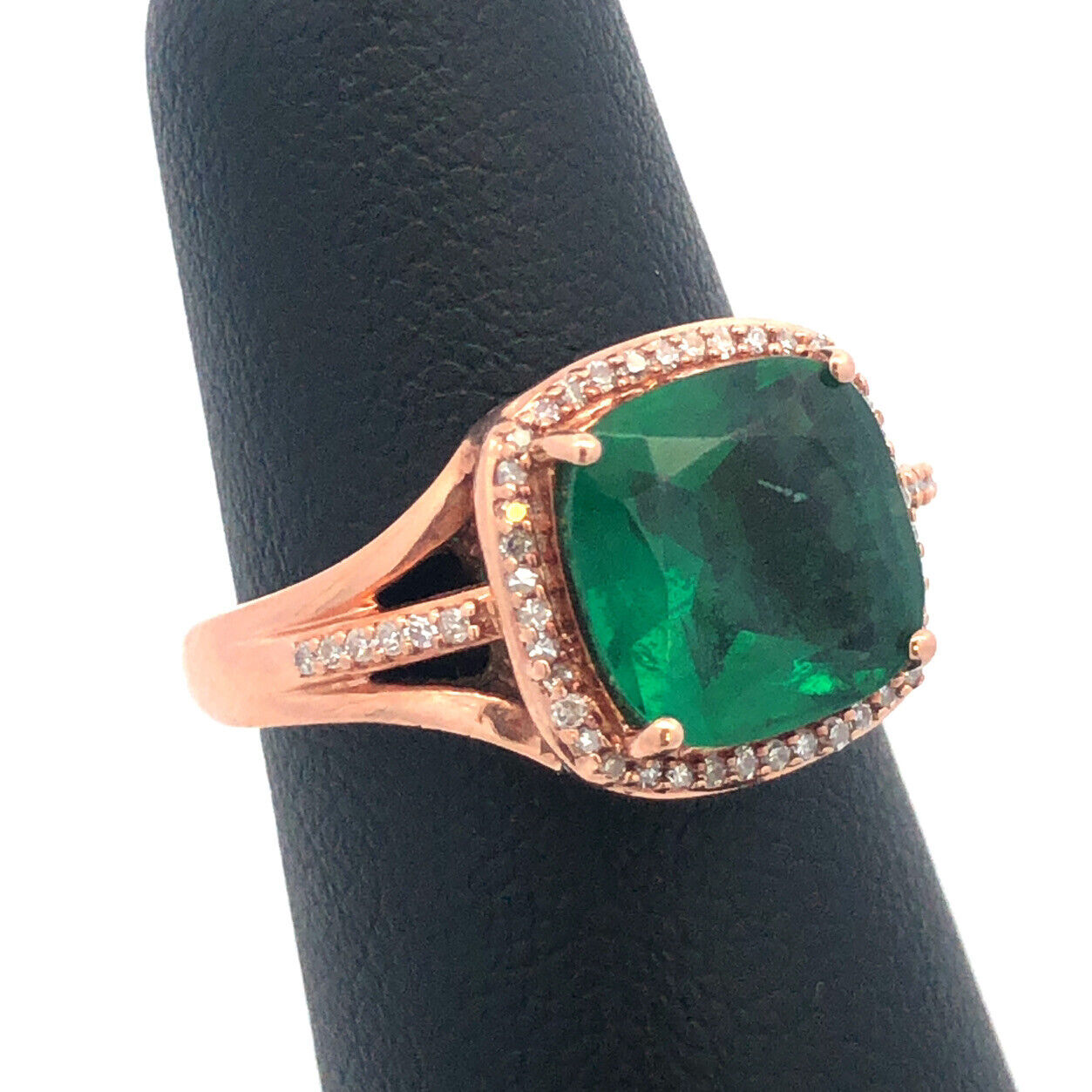 14K Rose Gold Princess Cut Emerald Pave Diamond Halo Cocktail Ring