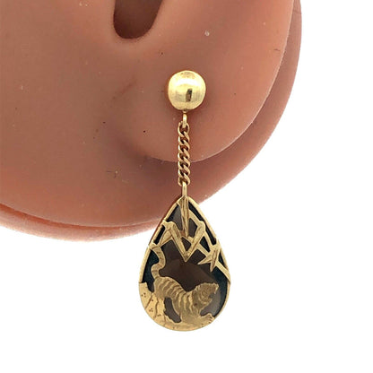 Estate 14K Yellow Gold Teardrop Smokey Quartz Etched Tiger Dangle Stud Earrings