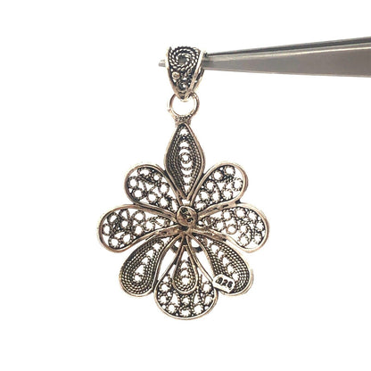 Vintage 925 Sterling Silver Filigree Detail Flower Statement Pendant