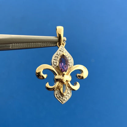 Designer 10K Yellow White Gold Amethyst Citrine Diamond Fleur De Lis Pendant