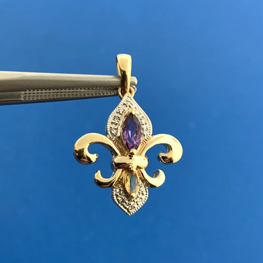 Designer 10K Yellow White Gold Amethyst Citrine Diamond Fleur De Lis Pendant