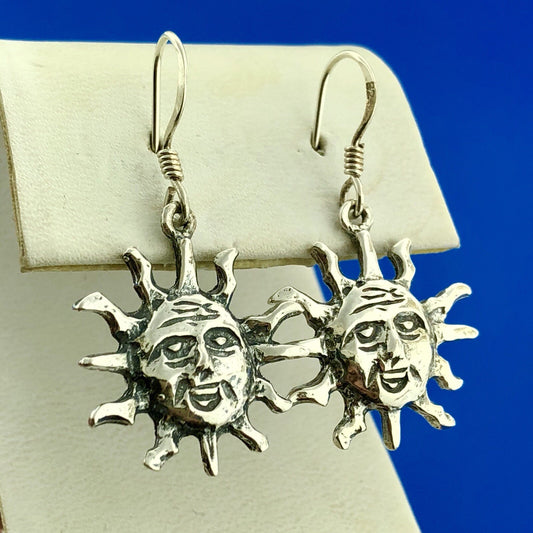 Vintage 925 Sterling Silver Sun Sunburst Astrological Drop Dangle Earrings