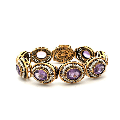Vintage 14K Yellow Gold Oval Amethyst Seed Pearl Filigree Panel Bracelet