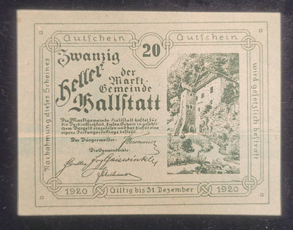 1920 10, 20 & 50 Heller, Hallstatt Market Town Austria Obsolete Bank Note Set