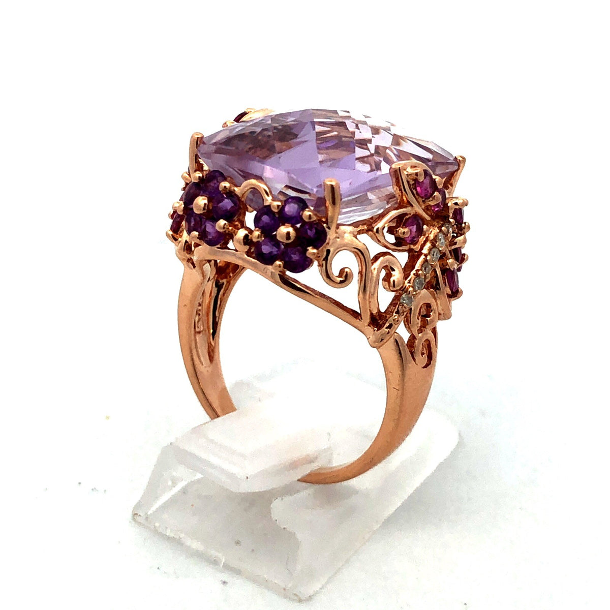 Designer 14K Yellow Gold Amethyst Pink Tourmaline Diamond Statement Floral Ring