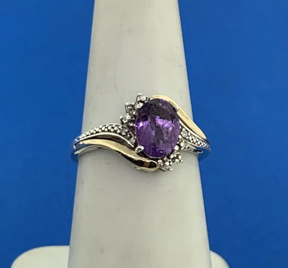 Designer 925 Sterling Silver 10K Gold Two Tone Amethyst Diamond Ring