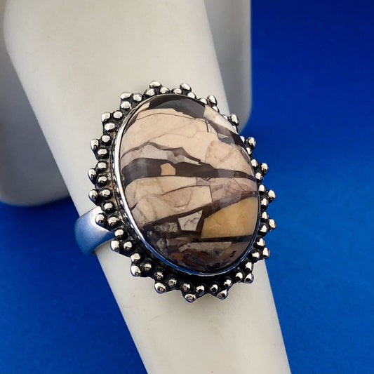 Vintage 925 Sterling Silver Oval Enamel Mosaic Jasper Inlay Statement Ring