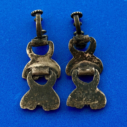 Mid Century Taxco Silver 925 Malachite Double Drop Screw Back Earrings-Patina!