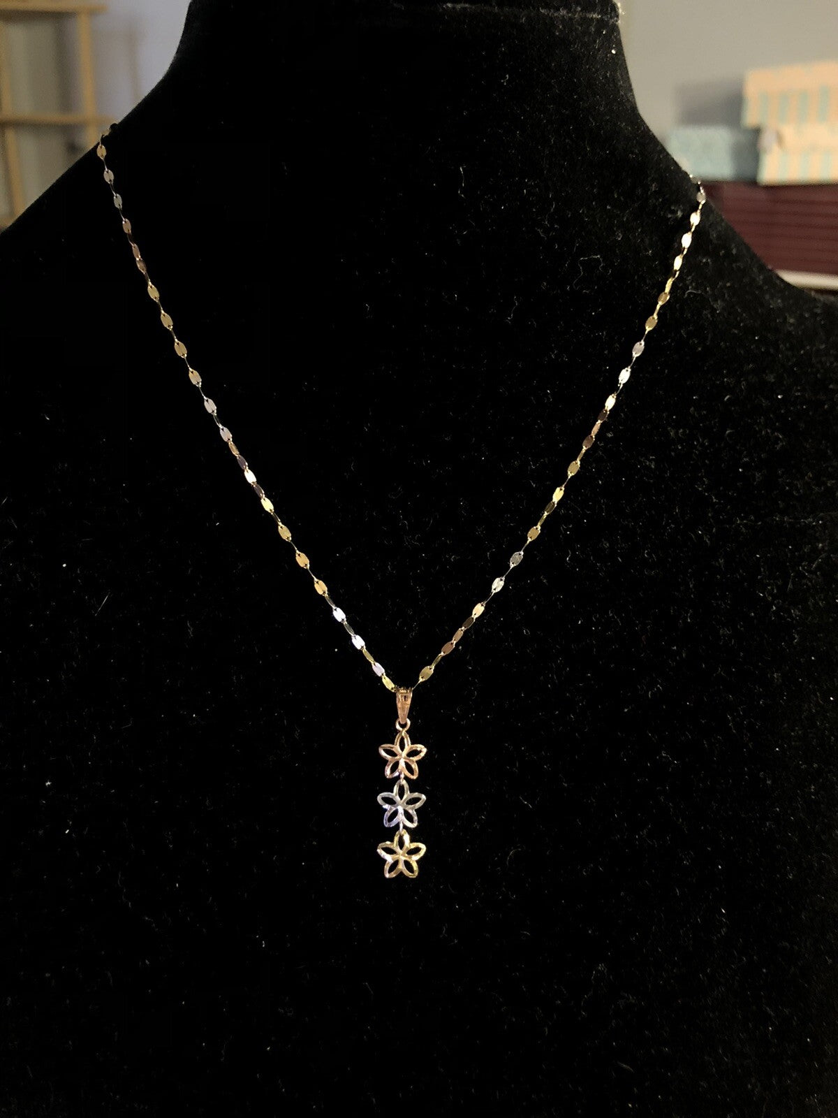 Retro Italy 14K White Yellow Rose Gold Three Star Diamond Cut Pendant Necklace