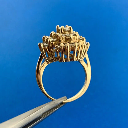 Estate 14K Yellow Gold Diamond Waterfall Cluster Statement Cocktail Ring