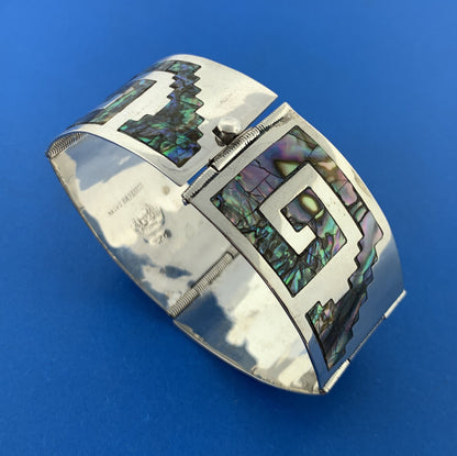 Vintage Los Ballesteros Taxco 925 Sterling Silver Abalone Panel Cuff Bracelet