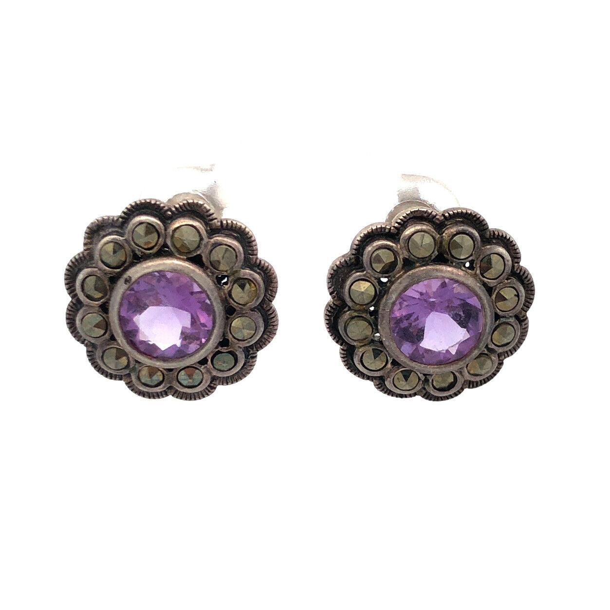 Vintage Designer A 925 Sterling Silver Amethyst Marcasite Flower Stud Earrings