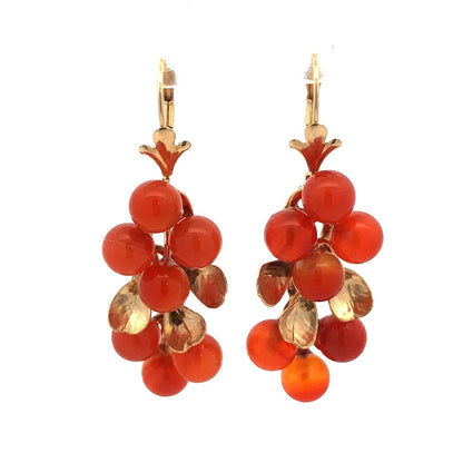 Estate 14K Yellow Gold Carnelian Bead Berry Vine Statement Dangle Drop Earrings