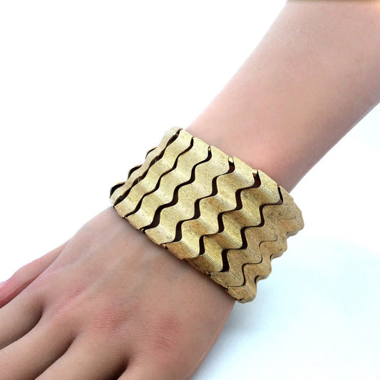 Mid Century Modernist Gold Tone Wave Link Wide Cuff Statement Bracelet