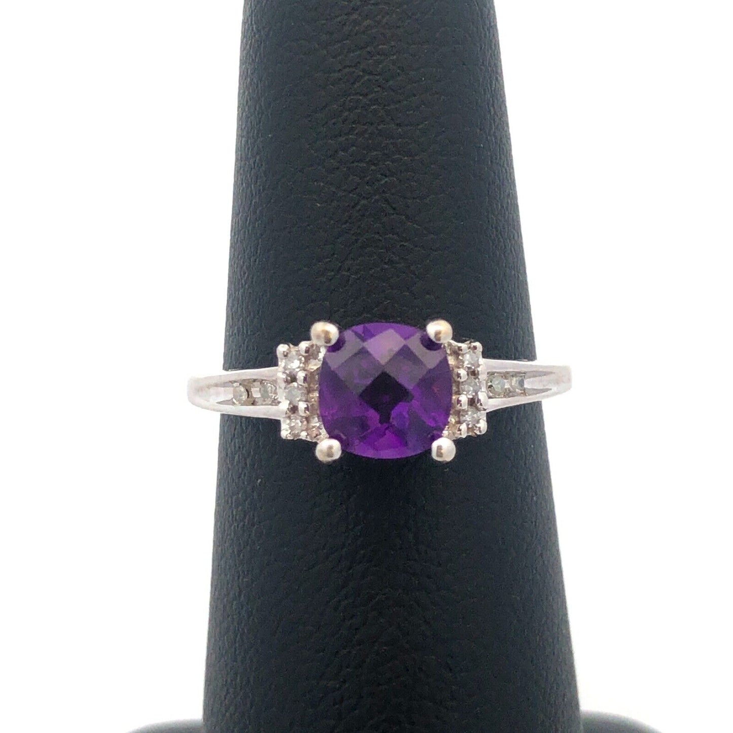 14K White Gold Cushion Cut Amethyst Diamond February Birthstone Anniversary Ring