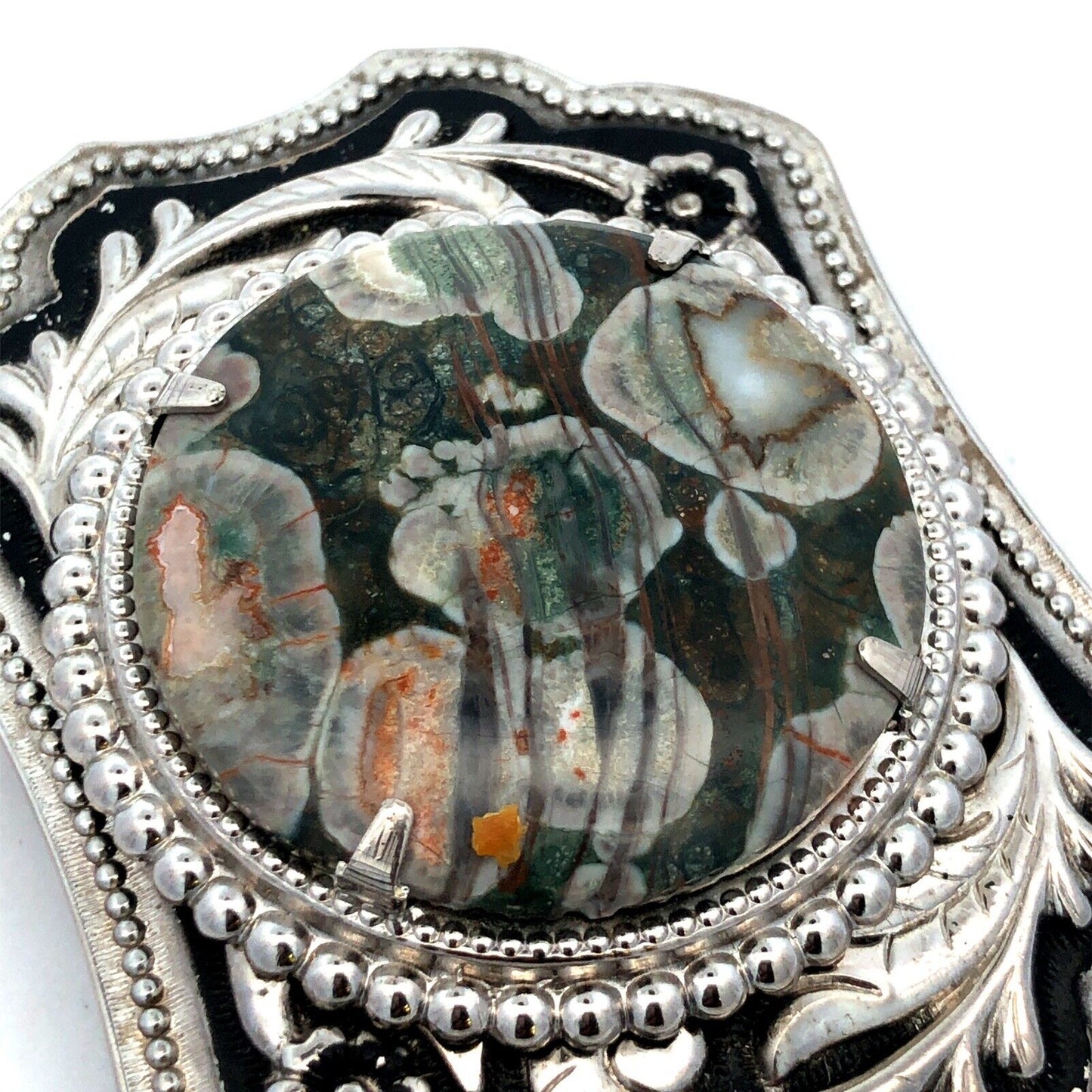 Southwestern Silver Tone Turitella Agate Floral Design Statement Belt Buckle
