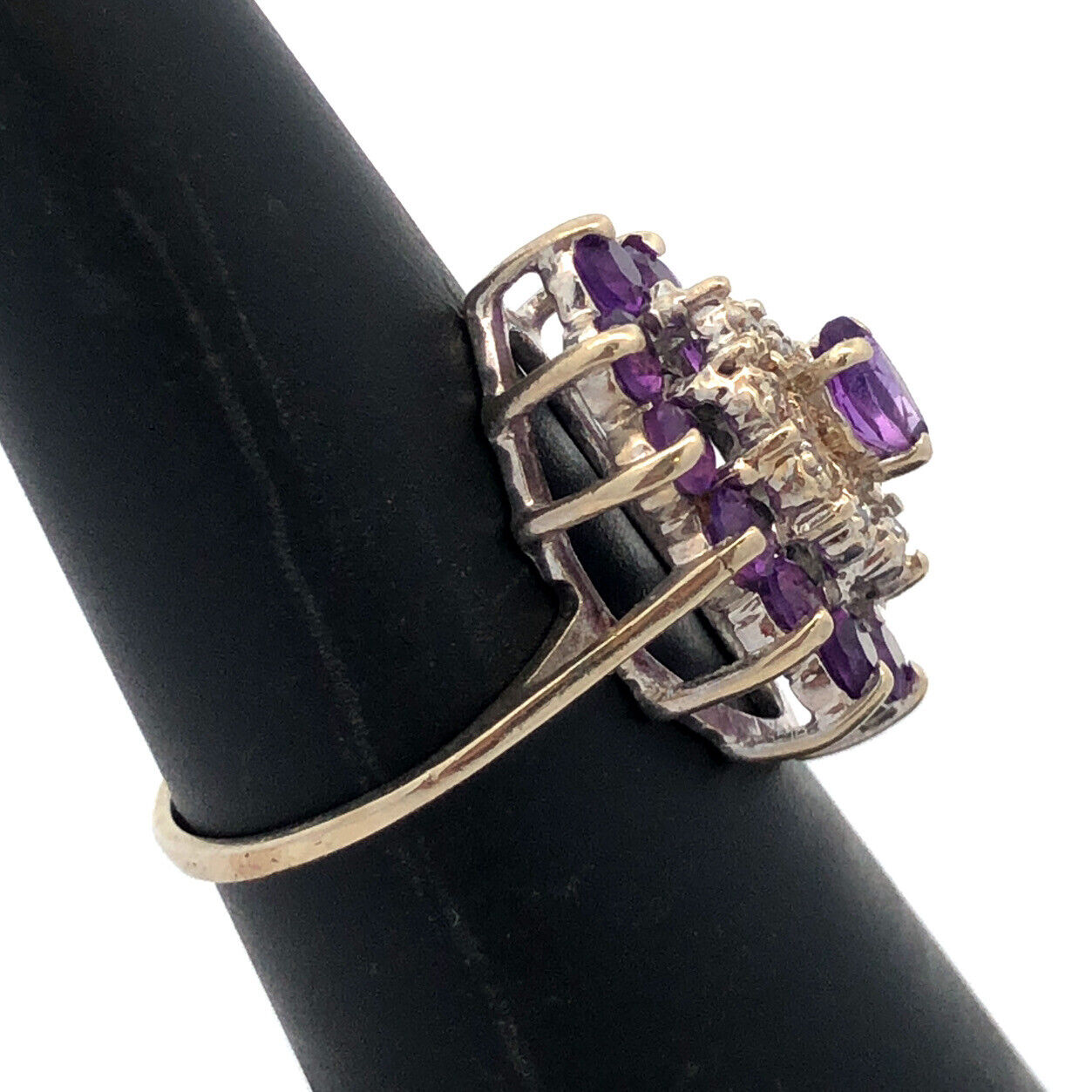 Estate 10K White Gold Amethyst Diamond Accented Statement Cocktail Ring