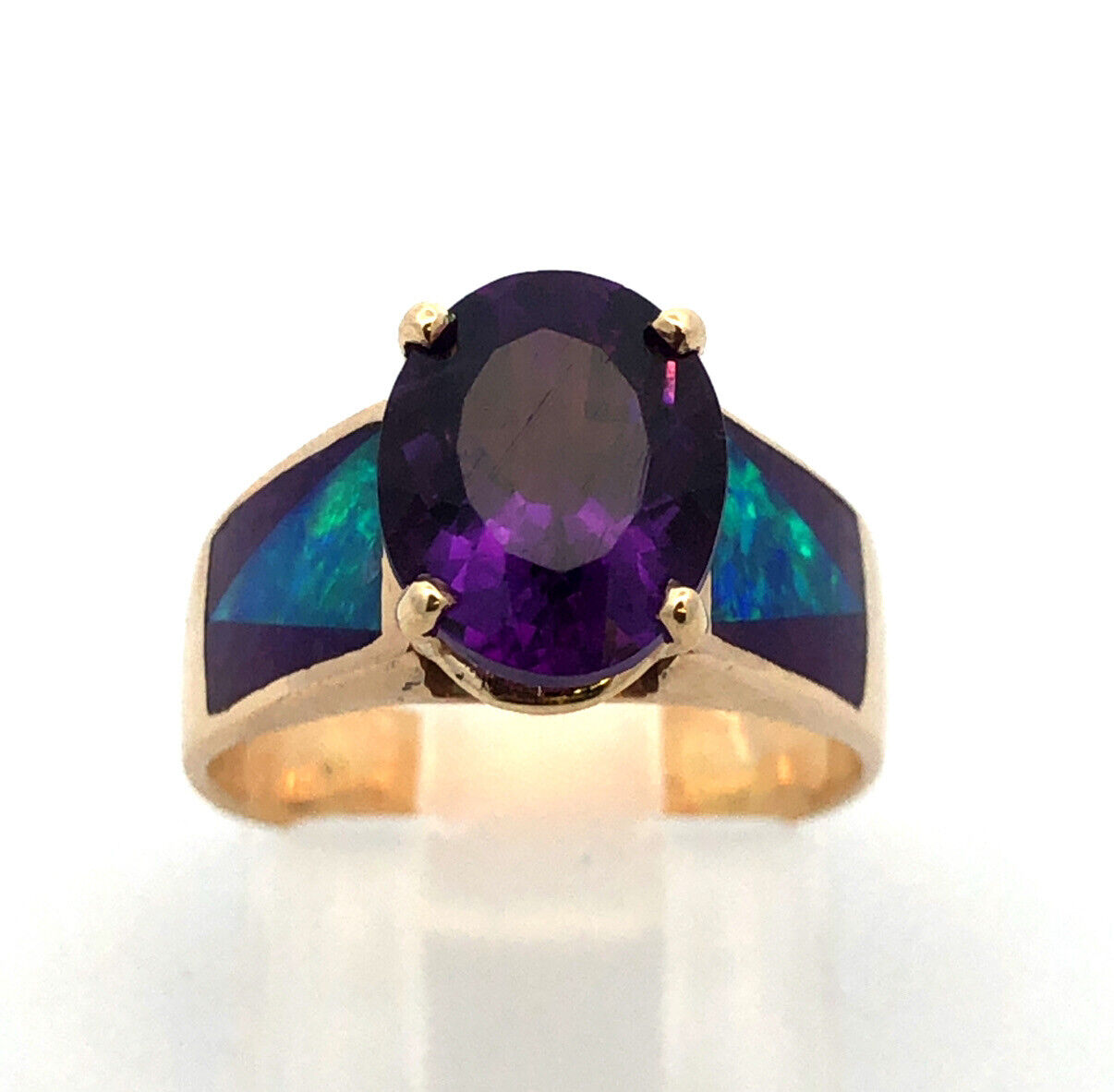 Vintage 14K Yellow Gold Oval Amethyst Opal Inlay Purple Enamel Cocktail Ring