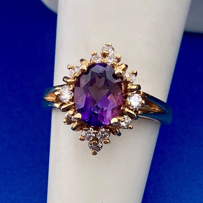 14K Yellow Gold Amethyst Diamond Halo Starburst Cluster February Cocktail Ring