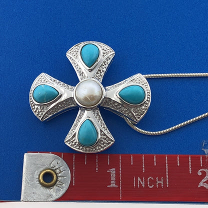 Designer EA Sterling Silver 925 Pearl Turquoise Modernist Cross Pendant Necklace