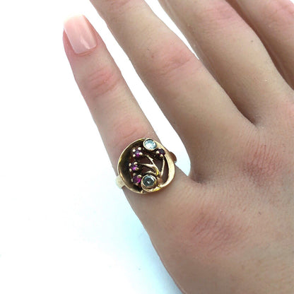 Vintage 14K Yellow Gold Diamond Ruby Free Form Cocktail Ring