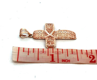 Designer QG Italy 14K Rose Gold Textured Open Work Cross Pendant