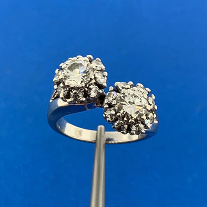 Vintage 18K White Gold Diamond Duo W/Halo Statement Bypass Ring