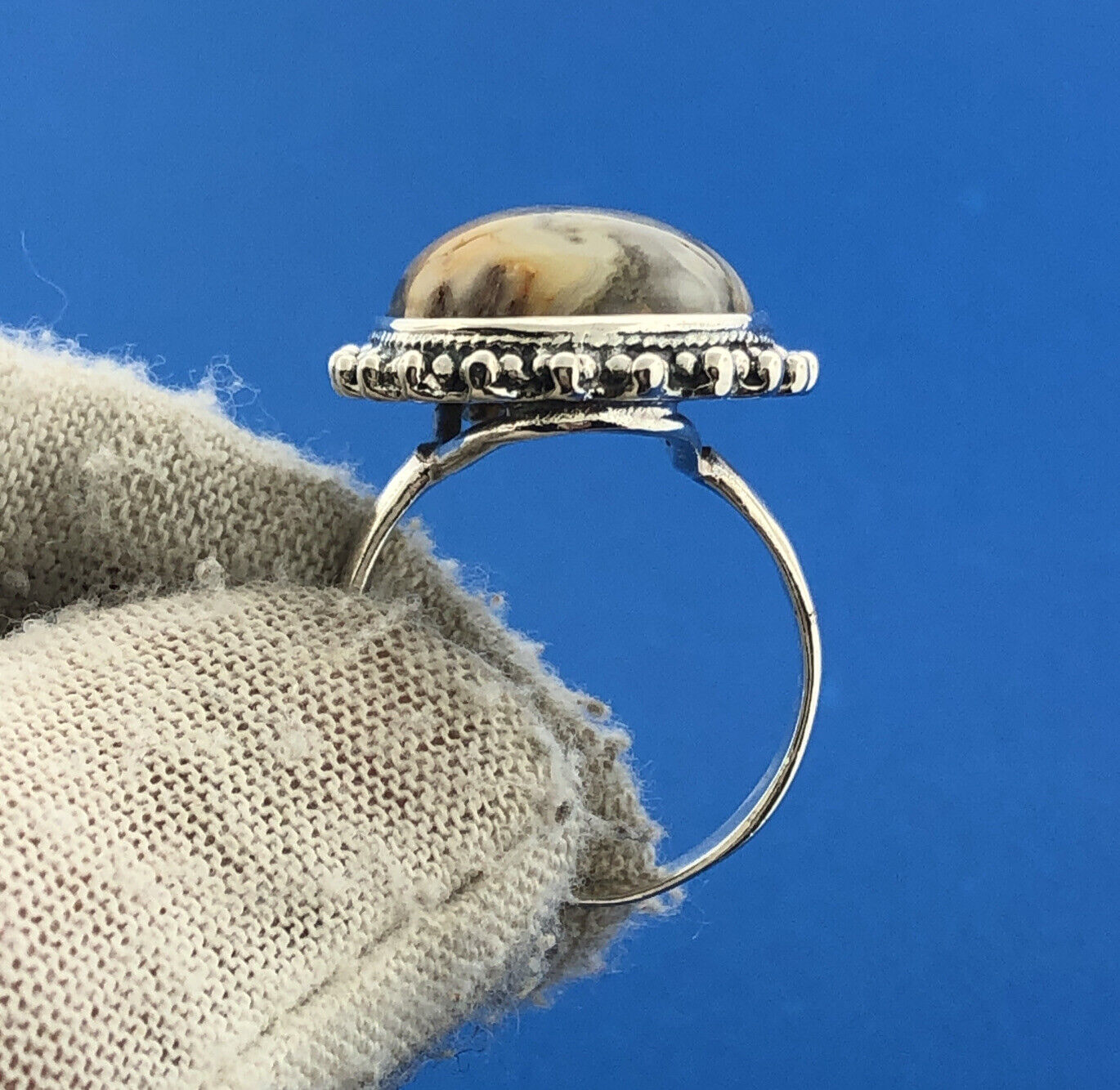 Stunning Sterling Silver 925 Grey Orange Cabochon Agate Statement Ring Size 8.5