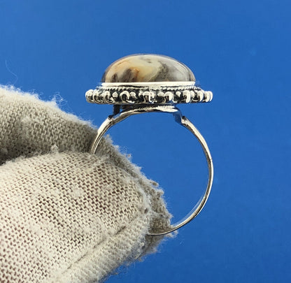 Stunning Sterling Silver 925 Grey Orange Cabochon Agate Statement Ring Size 8.5