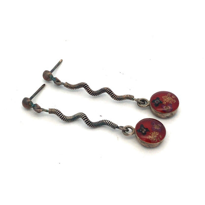 Vintage 925 Sterling Silver Red Resin Flower Floral Spiral Dangle Stud Earrings